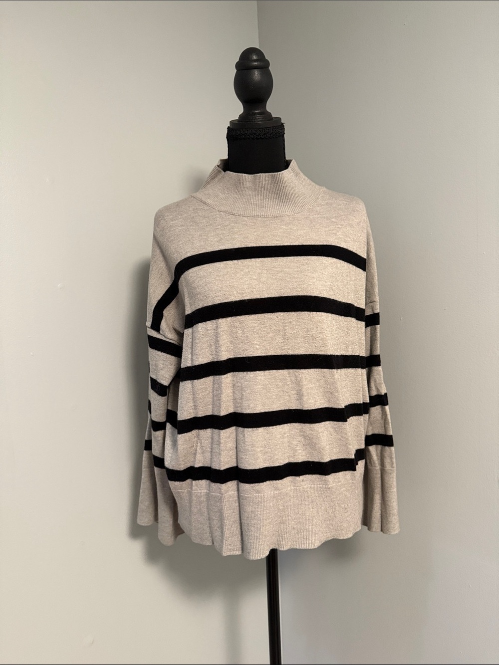 Relaxed Striped Cowl Neck Sweater in Light Gray and Black